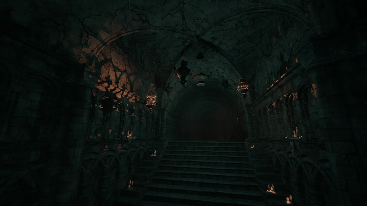 escala de piedra oscura y espeluznante en una mazmorra de castillo gótico