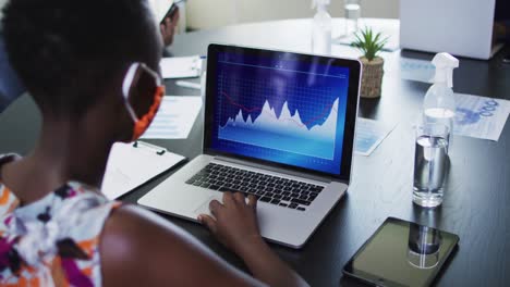 vista trasera de una mujer afroamericana con máscara facial usando una computadora portátil en una oficina moderna