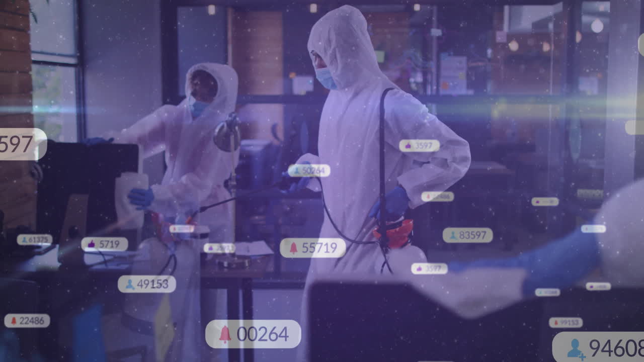 Hazmat-suited team spraying disinfectant in office, floating health alert icons tracking progress