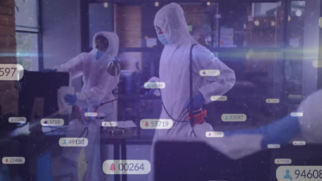 hazmat-suited team spraying disinfectant in office, floating health alert icons tracking progress
