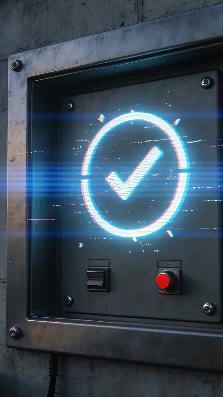 Vertical video: Powering up panel confirming ready with cyan check and red button in utility hall