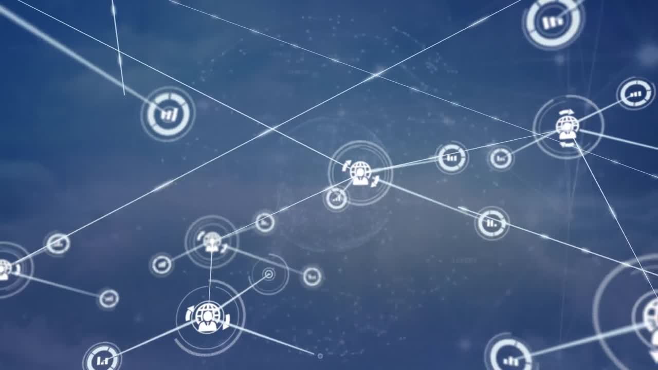 파란색 배경의 회로판 위에 있는 사람들과의 연결 네트워크 아이콘의 애니메이션