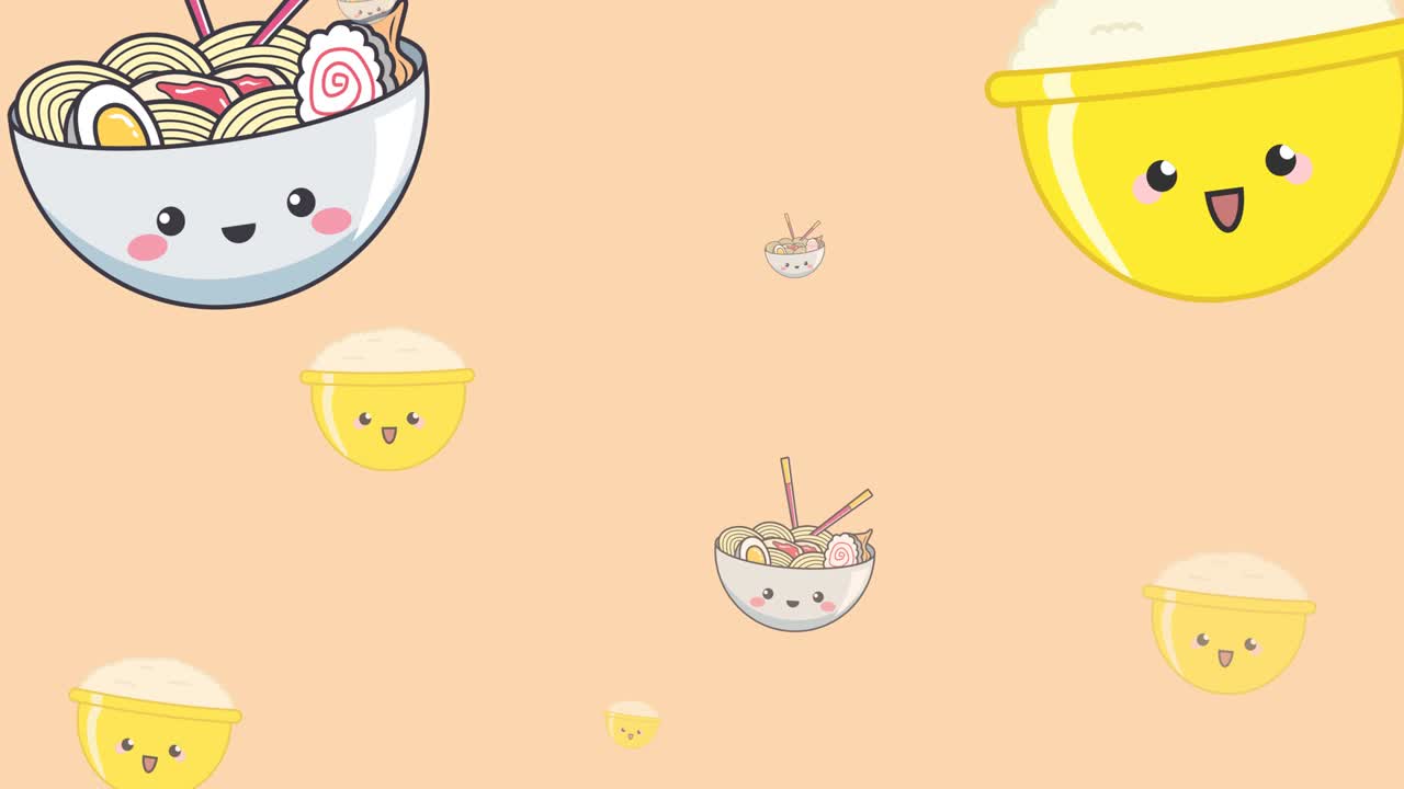 オレンジ色の背景に、ラーメンが浮かぶ多様な漫画風の丼のアニメーション。