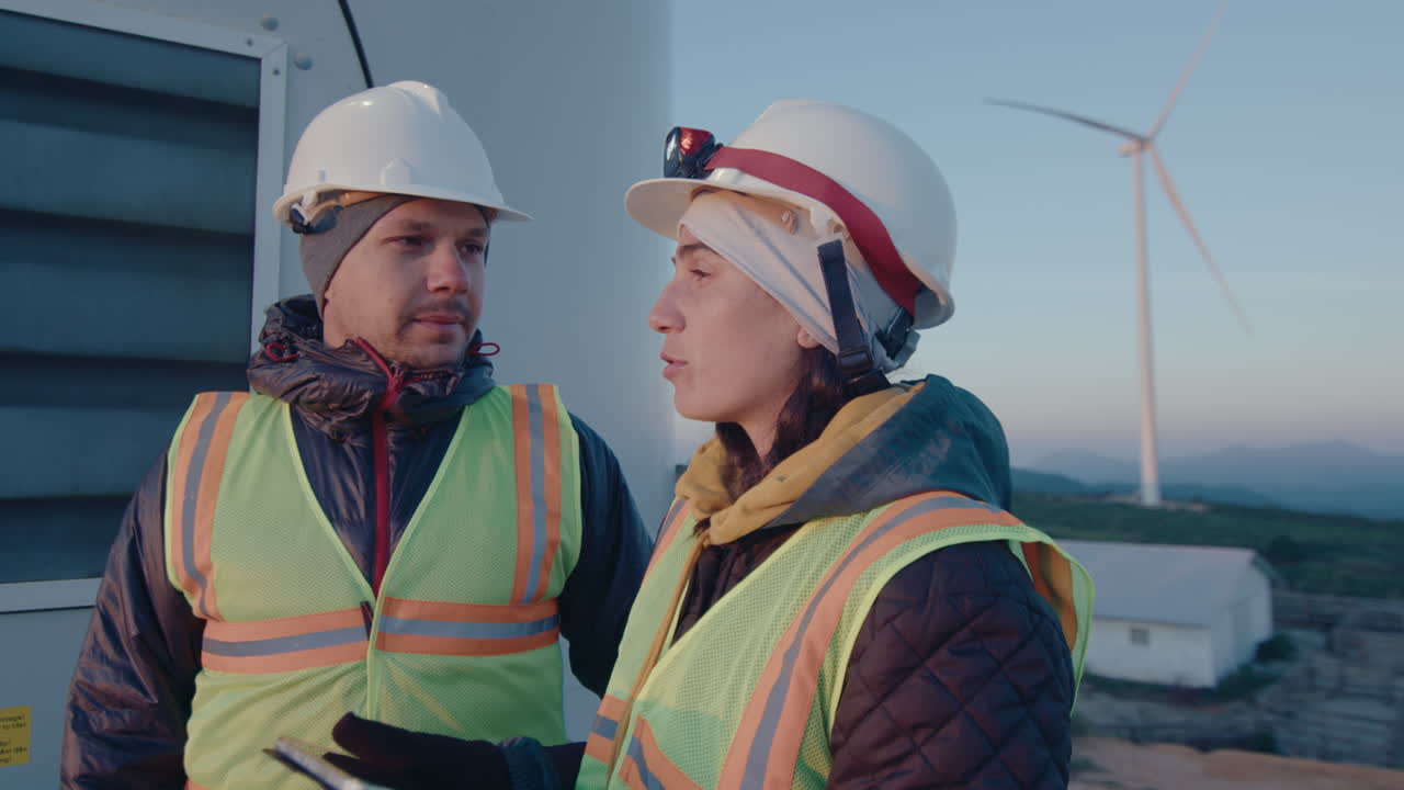 Wind Turbine Service Technicians Using Tablet and Discussing Job