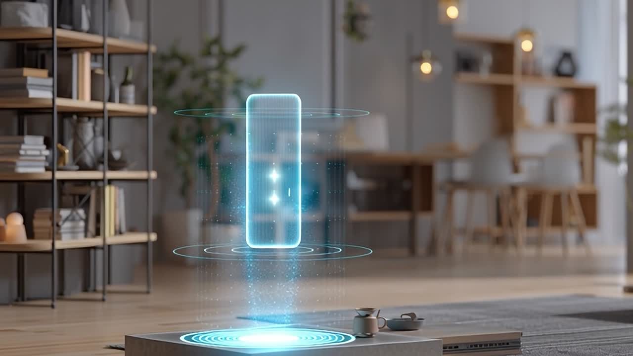Smart device technology in a modern living room with holographic display