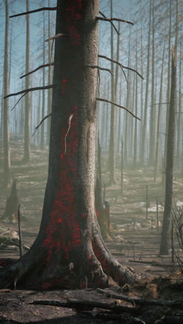 un árbol carbonizado se encuentra en medio de un bosque diezmado por el fuego