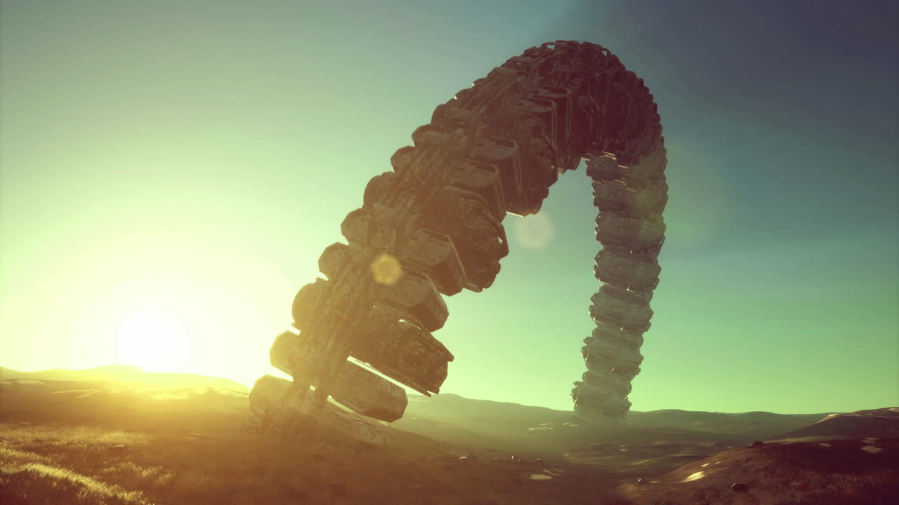 Mysterious alien craft hovers above a distant landscape at sunset