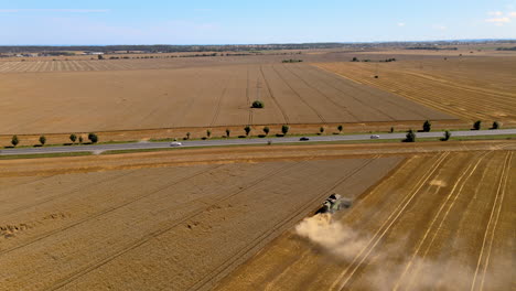 Der-Mähdrescher-Das-Erntegut-Nah-An-Der-Straße-Mäht,-Der-Staub-Hinter-Der-Maschine-Auf-Dem-Feld-Aufgewirbelt-Wird,-Die-Erntezeit-Und-Die-Arbeit-Auf-Dem-Feld