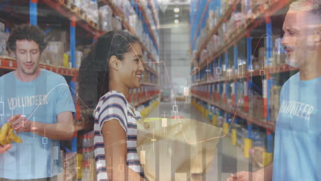 procesamiento de datos estadísticos sobre una mujer afroamericana donando una bolsa a un voluntario masculino en un almacén
