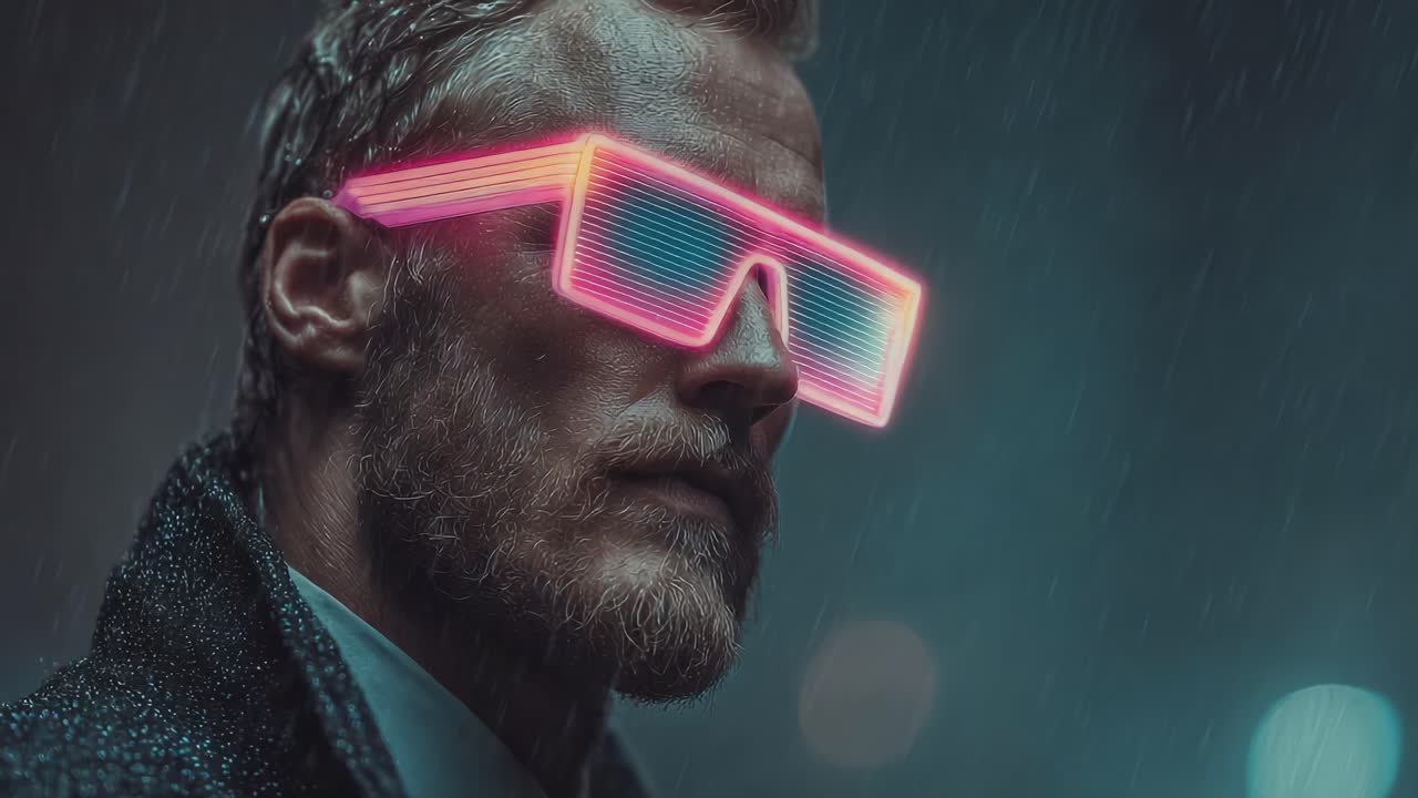 A Stylish Futuristic Figure in Neon Glasses Stands Strong Against the Rain, Capturing a Unique Blend of Modern Aesthetics and Dramatic Atmosphere