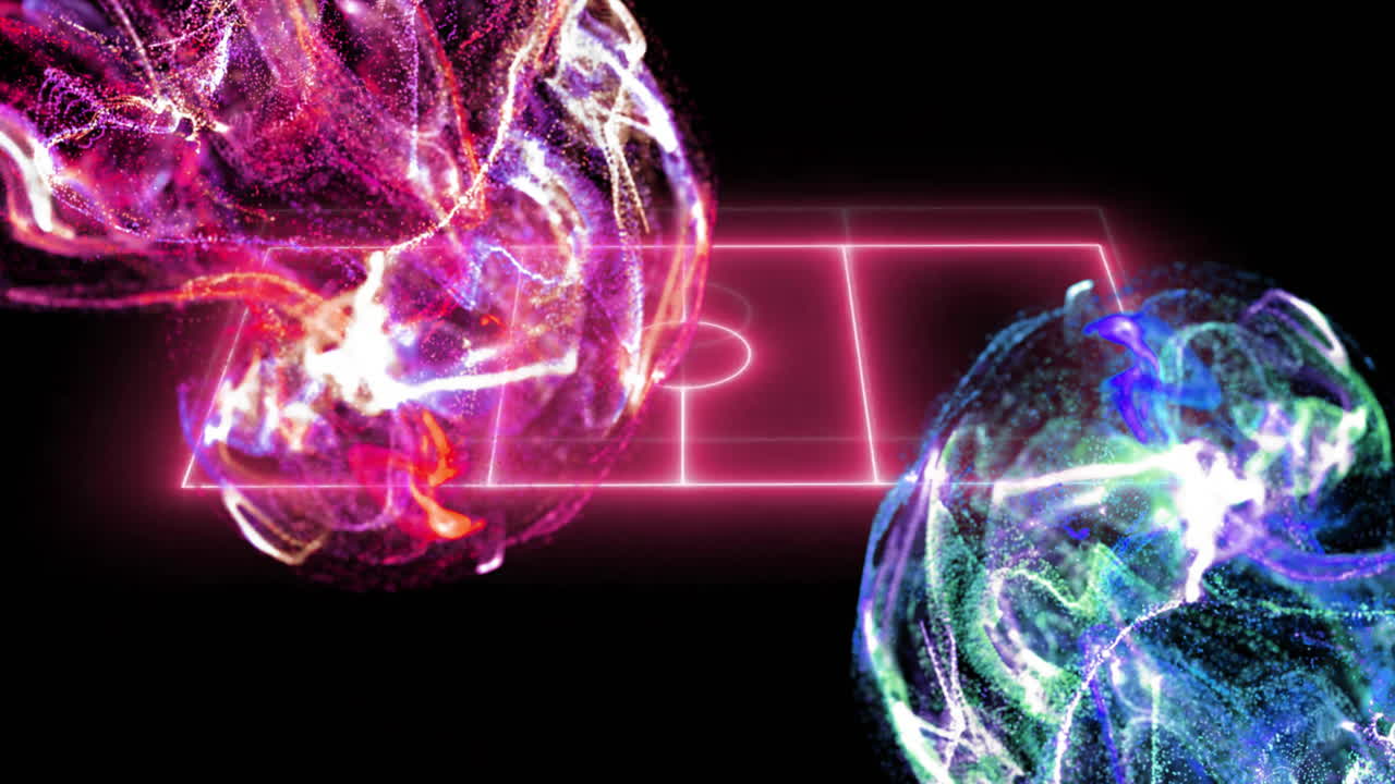 animación de redes de partículas amarillas y azules sobre una cancha de baloncesto de neón rosa sobre fondo negro