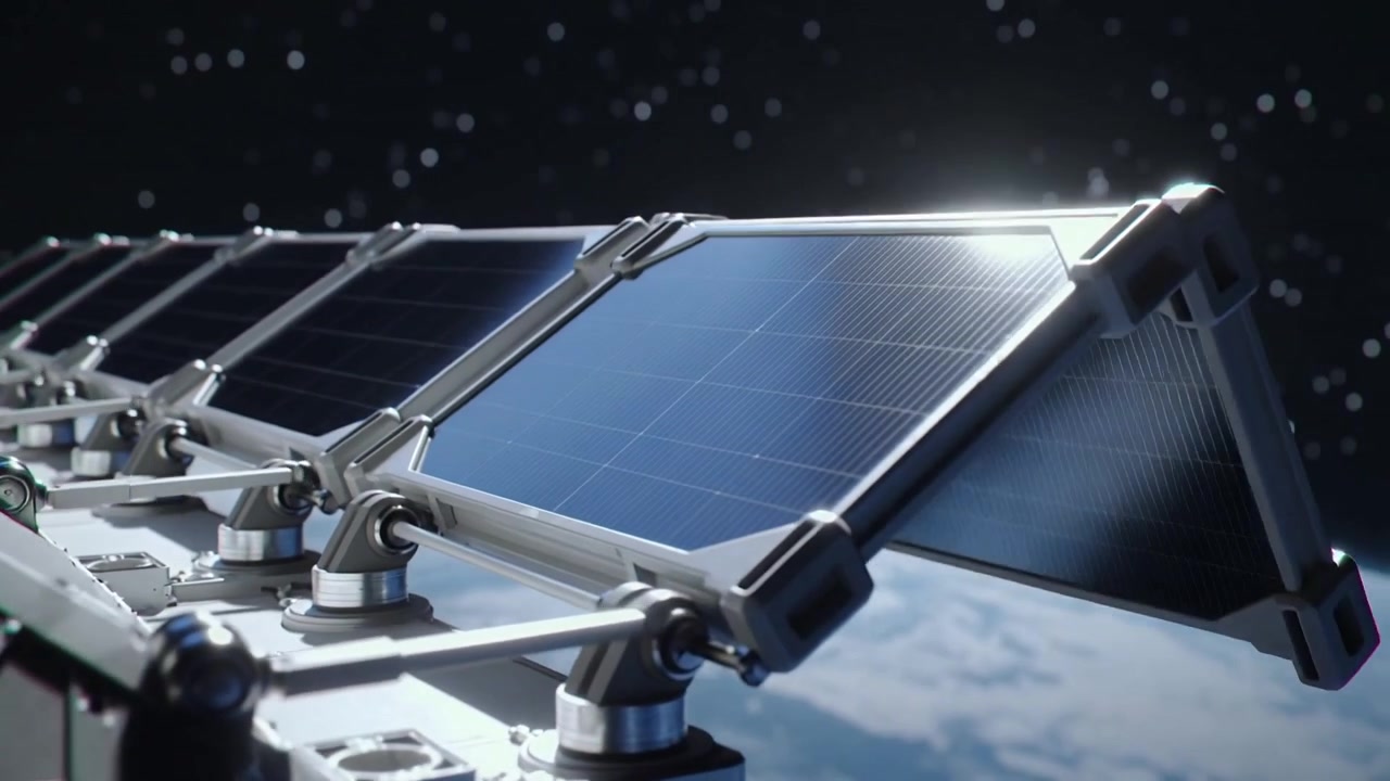 In risposta al comando di dispiegamento, l'array solare del veicolo spaziale si dispiega in LEO per l'alimentazione con cerniere.