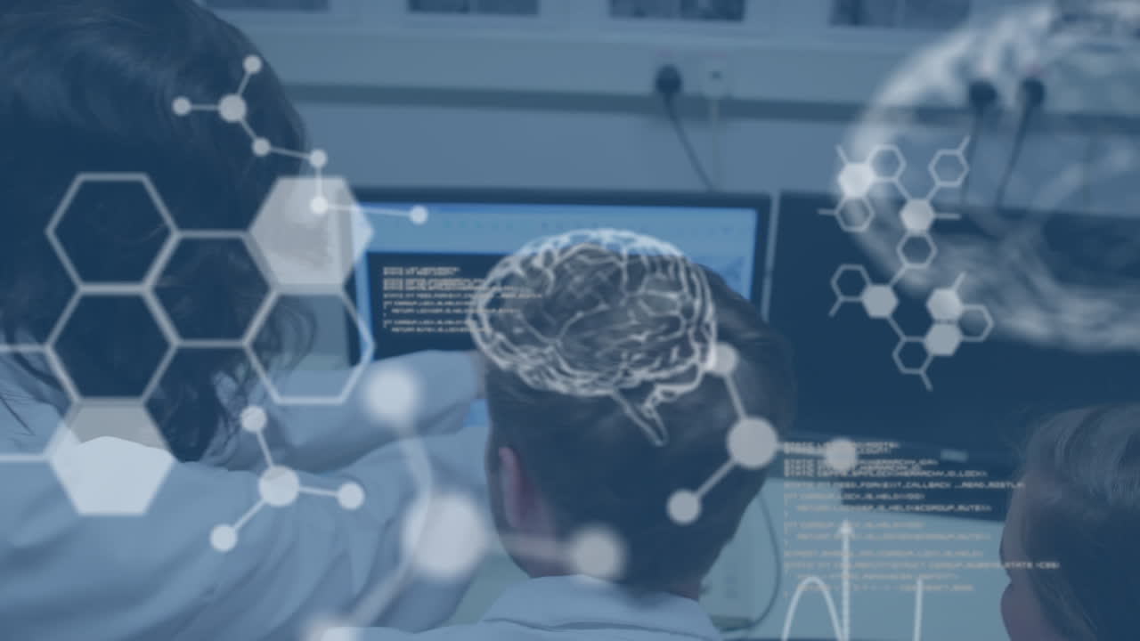 des cerveaux 3d et des hexagones avec des scientifiques en laboratoire en arrière-plan