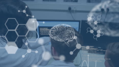 3d brains and hexagons with scientists in laboratory in the background