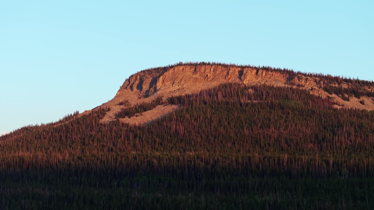 Drone view of a plateau in Uinta-Wasatch-Cache National Forest, Utah, at sunset with red-glowing mountains, pine trees, and a clear blue summer sky