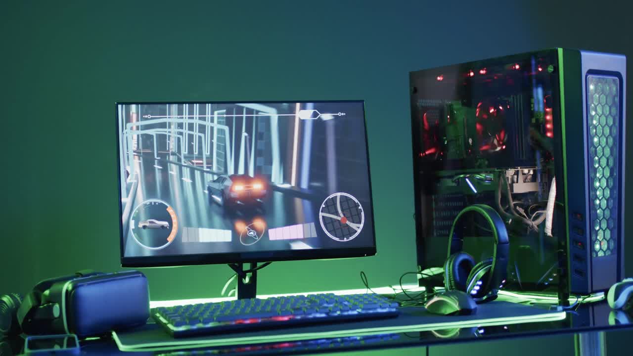 네온 배경 에 복사 공간 을 가진 책상 에 있는 컴퓨터 와 게임 장비 의 비디오