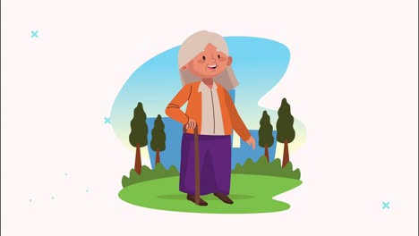 mujer vieja linda en el personaje de animación del campamento