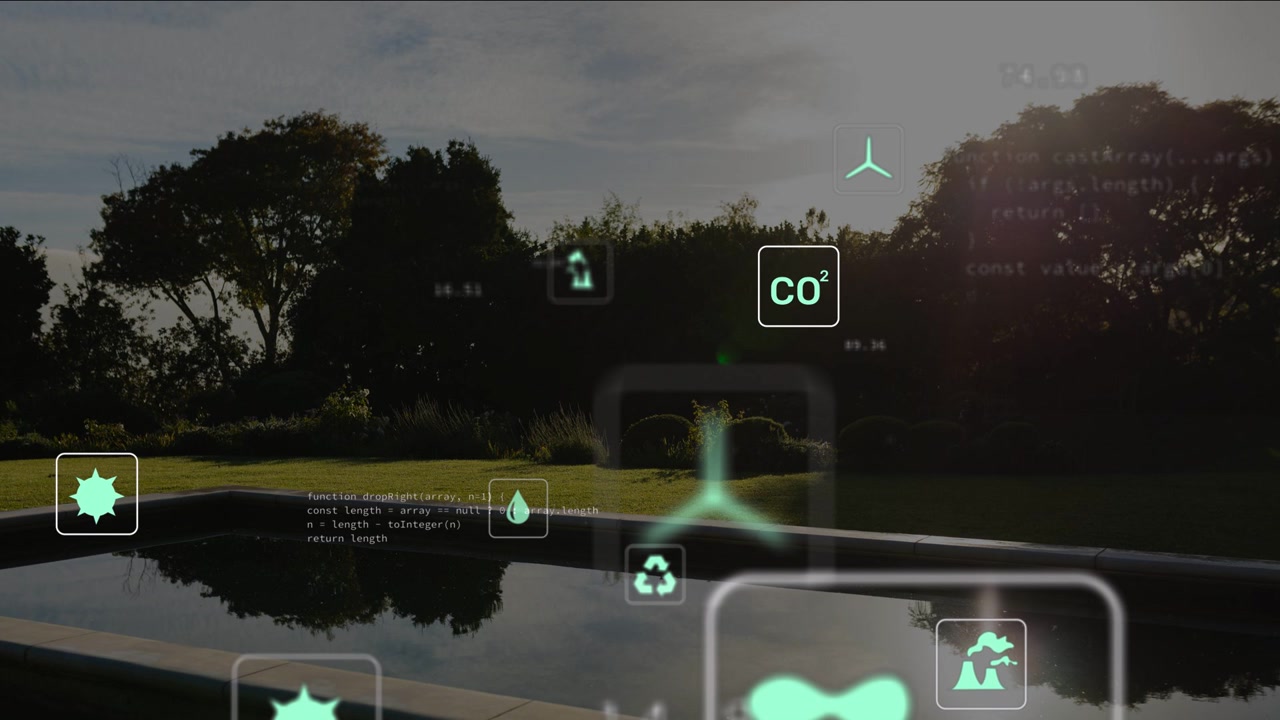 Sensor feed starting teal icons appearing, drifting over lawn, reflecting on pool, showing eco data