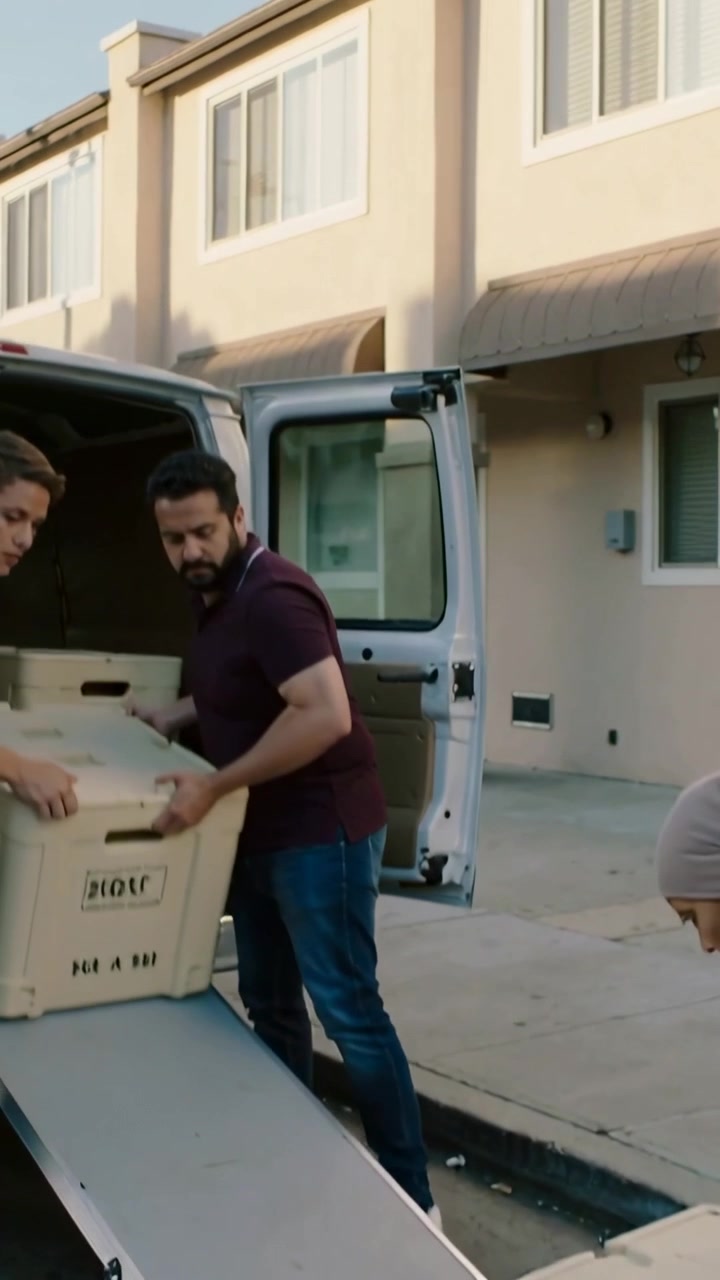 Vertical video: Placing crate, three adults pushing crates up ramp into van to move, woman in hijab