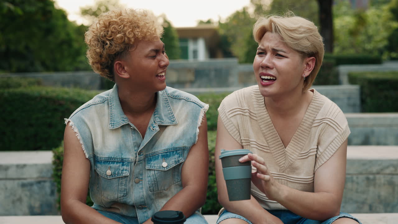 Two Friends Enjoying Coffee in the Park