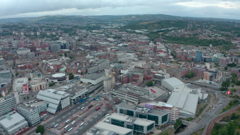 establishing reveal drone shot of central sheffield city uk