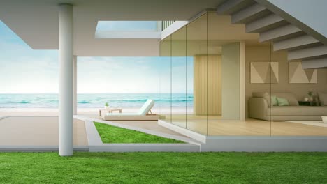 luxury beach house with sea view living room and terrace in modern design. empty wooden floor deck at vacation home or hotel.