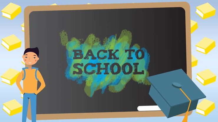 Animation of back to school text over school items icons and blackboard