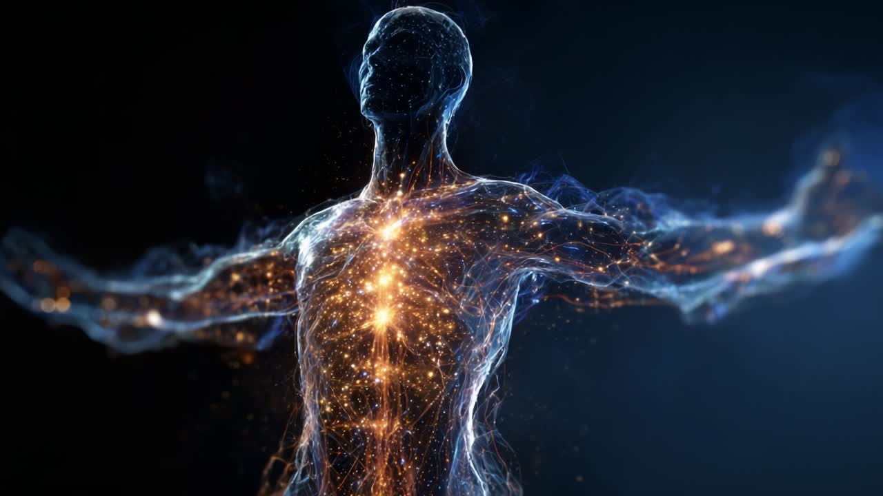 A mesmerizing visualization of the human form is depicted, showcasing an ethereal figure emanating vibrant, energy-like streams, glowing particles, and a radiant core, symbolizing vitality and the interconnected nature of existence