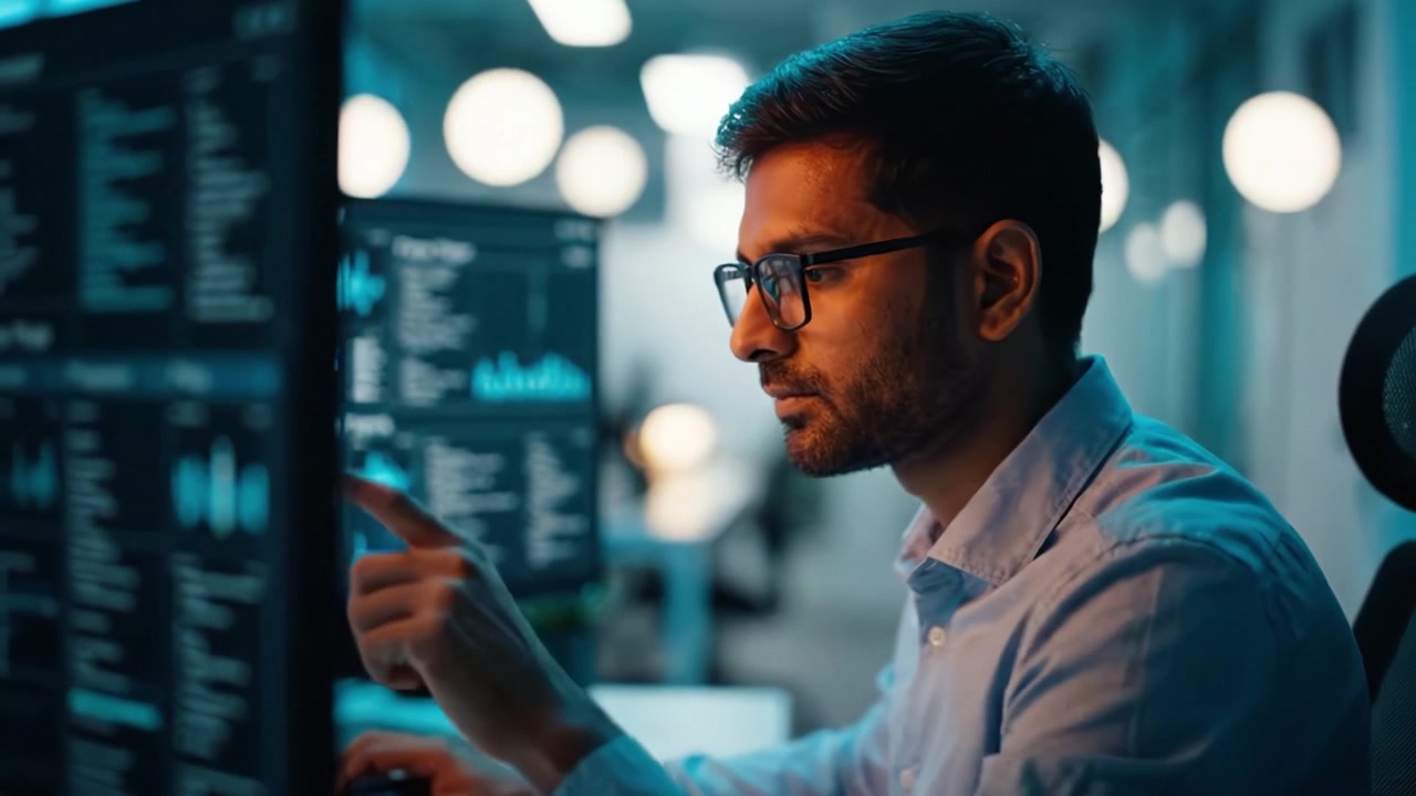Fokuseret professionel, der analyserer data i et moderne kontormiljø med flere skærme, der viser grafer og digitale analysemetrikker om natten