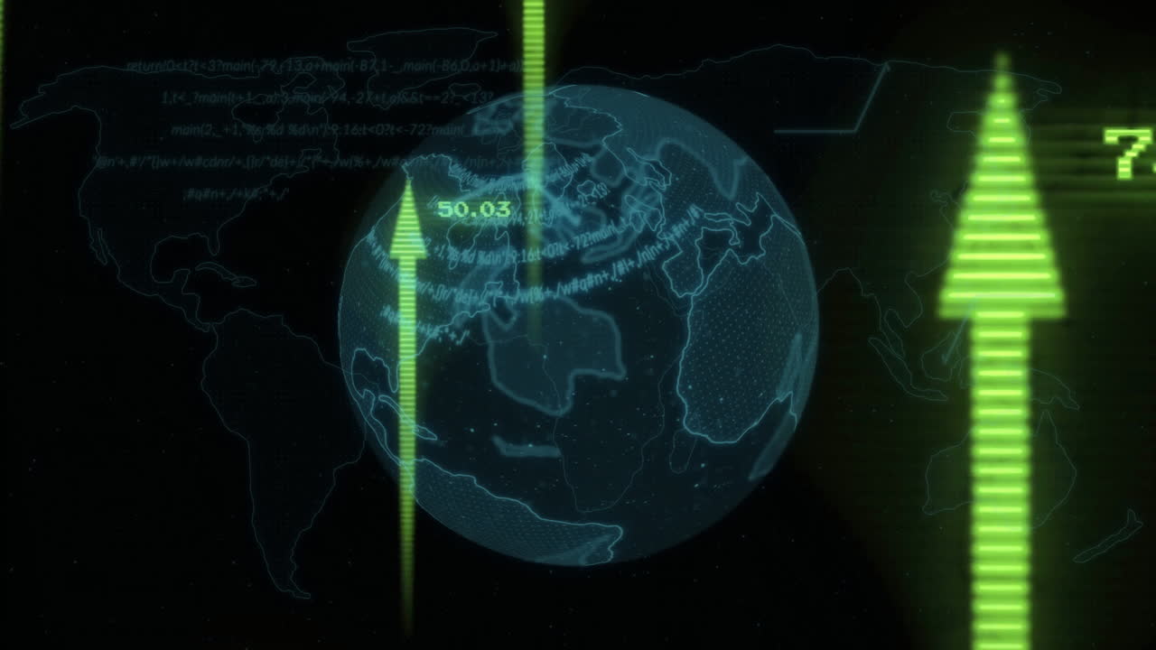 Animation of data and arrows showing financial growth over digital world map