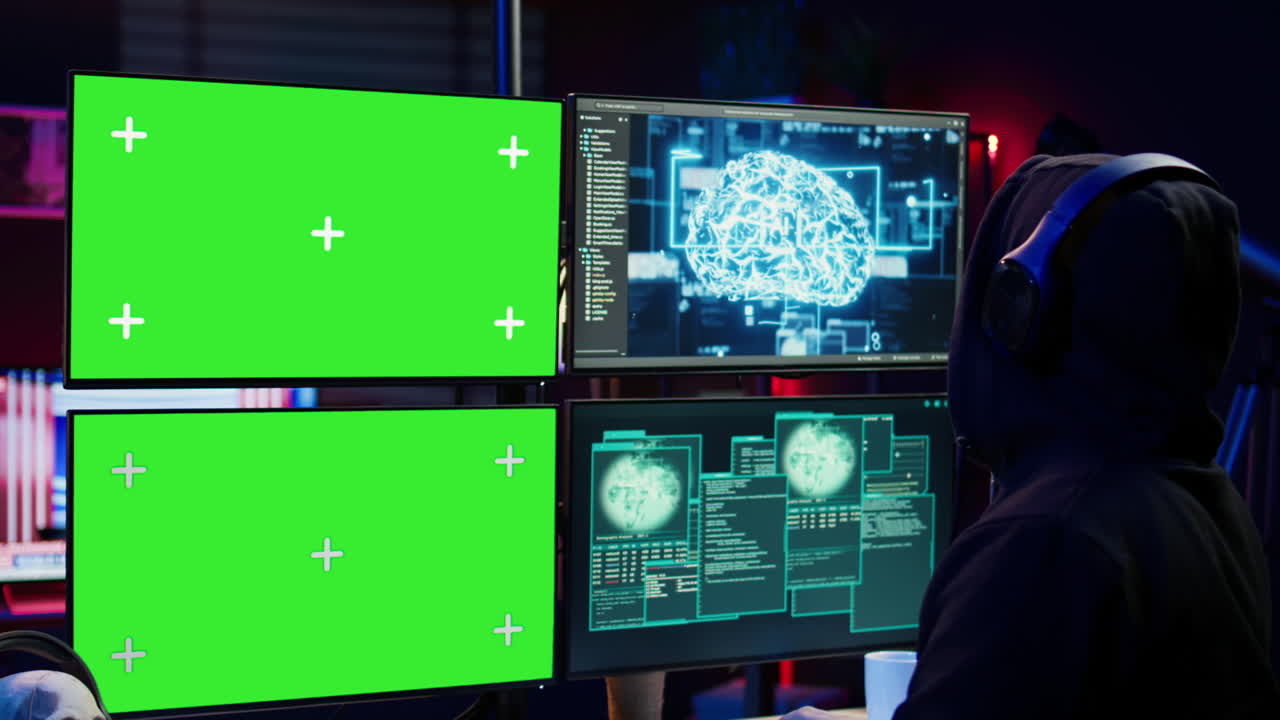 사기은 헤드폰을 착용하고 ai와 크로마 키 pc를 사용하여 사기를 수행합니다.