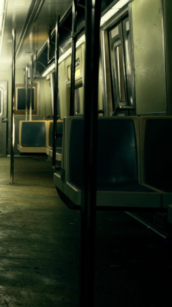 Subway car interior at night with empty seats and dim lighting
