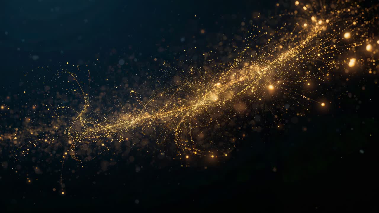Growing slanted ribbon of golden particles evolving over five frames ...