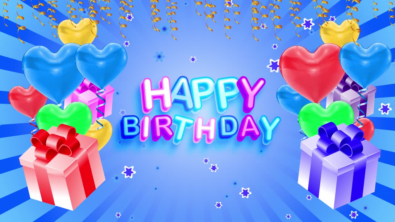 Happy birthday calligraphy lettering confetti and silver ribbons background holiday party