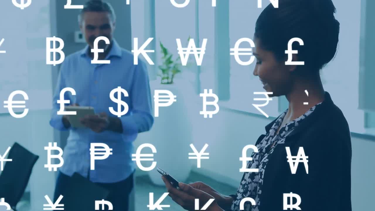 Animazione di simboli di valuta su diversi professionisti in ufficio