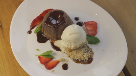 Close-up-of-delicious-chocolate-volcano-lava-and-vanilla-ice-cream