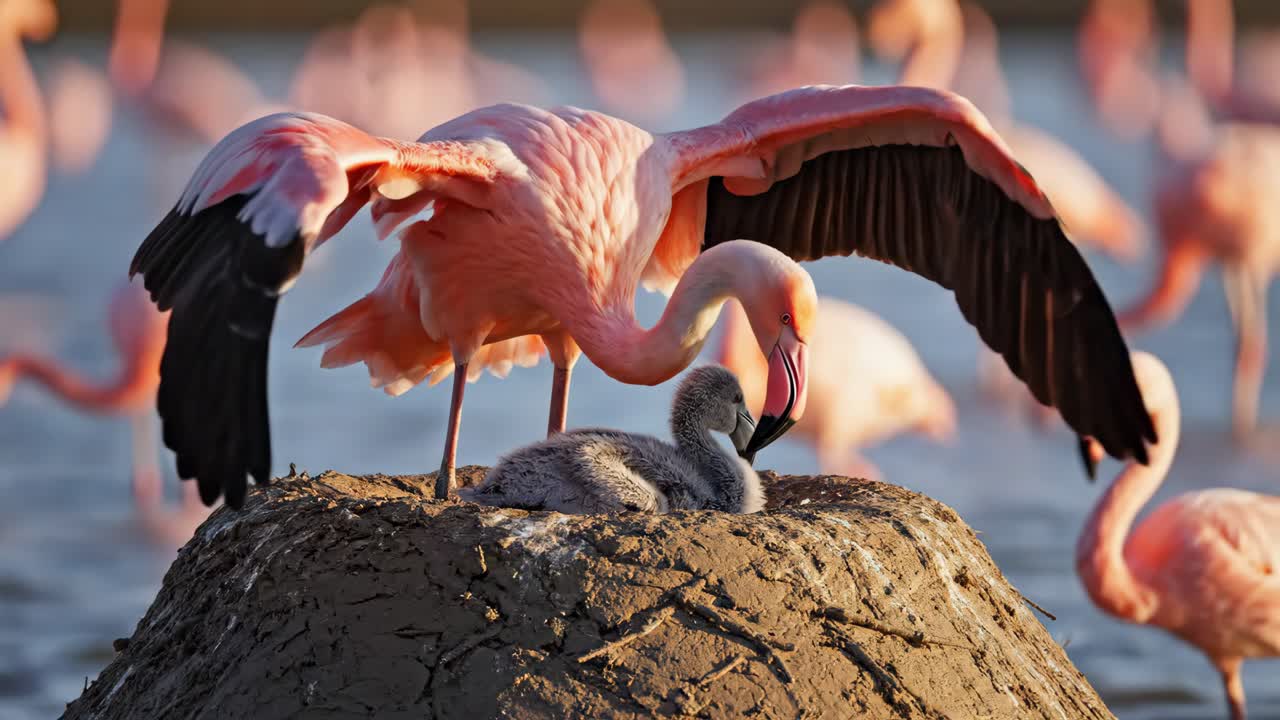 Flamingo with Chick in Nest