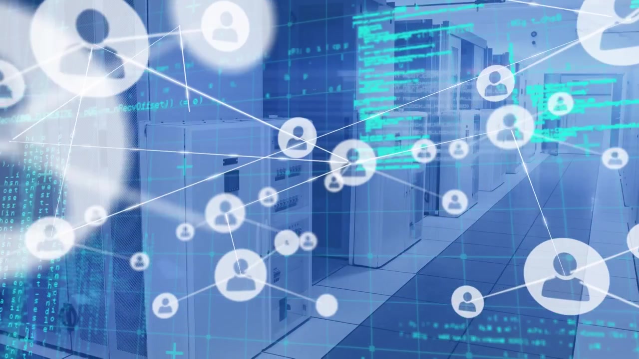 Animation of network of connection with people icons and data processing over computer servers