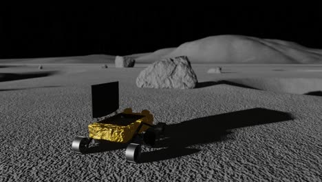 animación en 3d del rover de chandrayaan moviéndose en la luna hacia una gran roca
