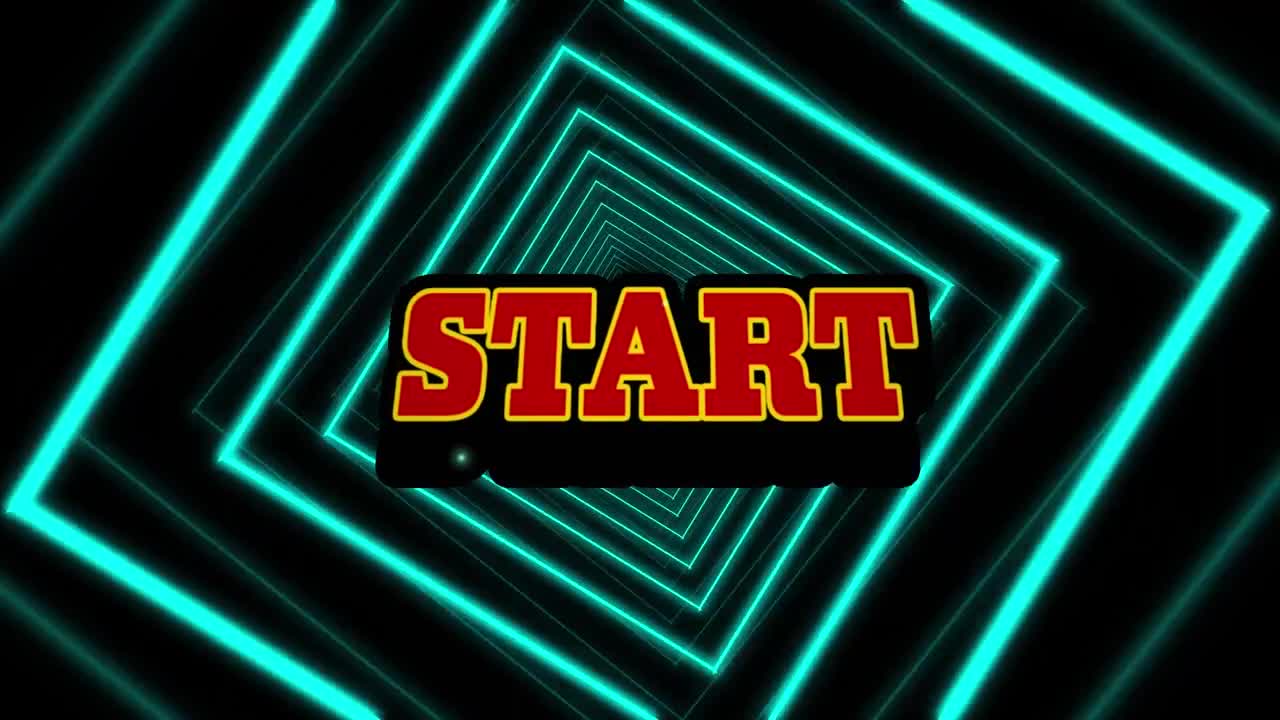 Animation of start text over neon shapes on black background