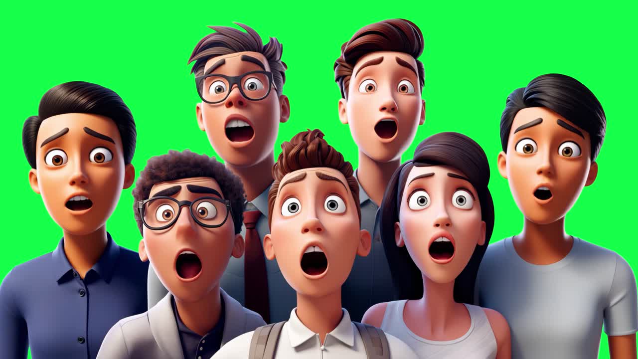 Surprised animated characters group animation, transparent 4K video, green screen