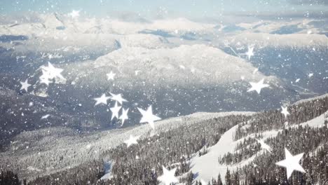 animation of snow and stars falling over winter countryside scenery