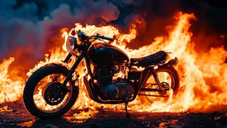 a motorcycle is sitting in front of a fire