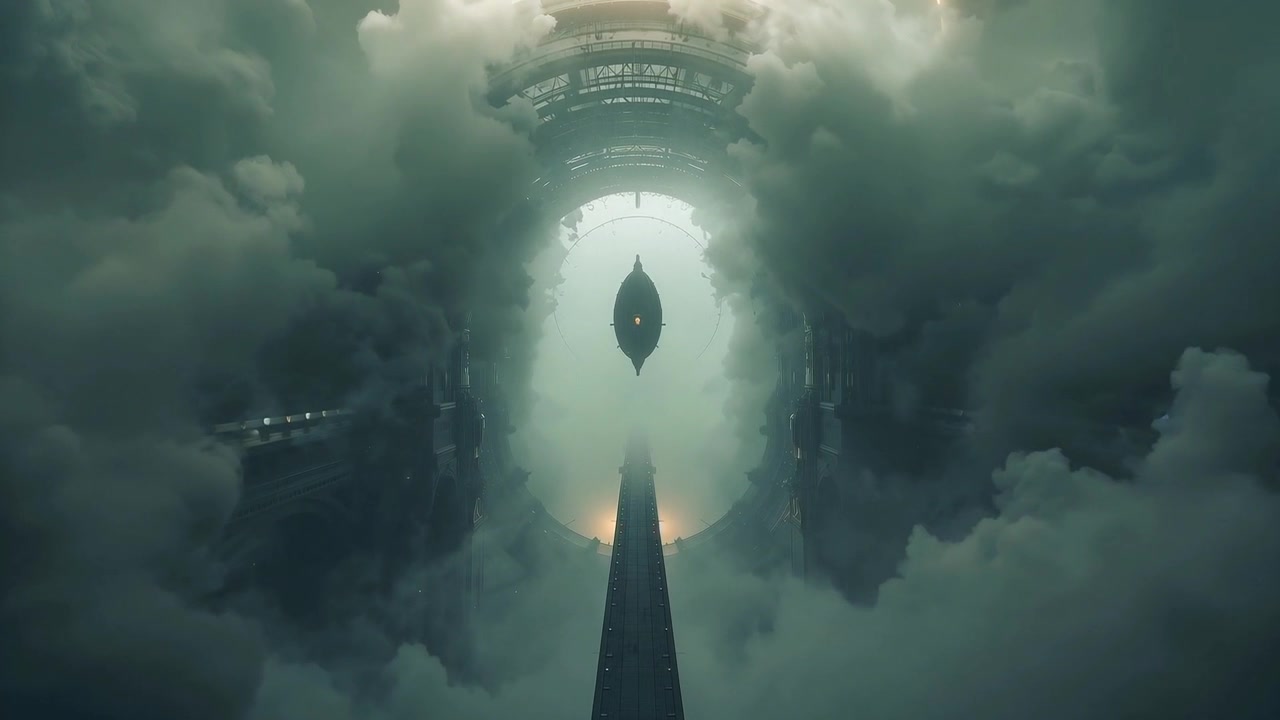 Câmera se aproximando de pináculo nas nuvens, nave em forma de gota pairando sob arco brilhante revelando halo.
