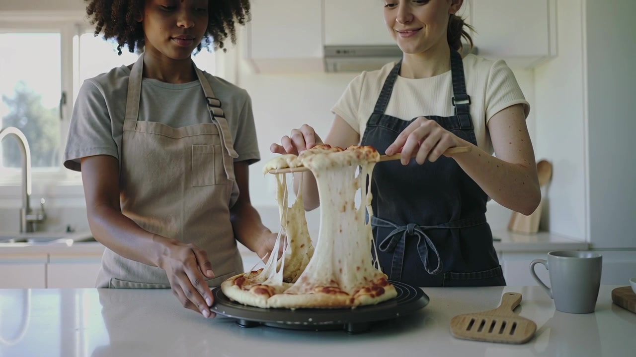 Servidor deslizando, mulher à direita levantando uma fatia de pizza para servir na cozinha, parceiro de avental segurando uma bandeja