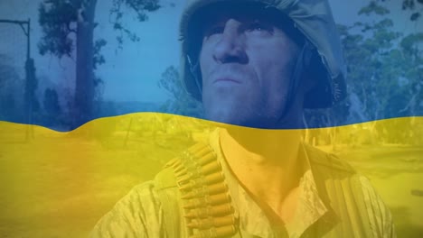 animación de un soldado caucásico con un arma sobre la bandera de ucrania