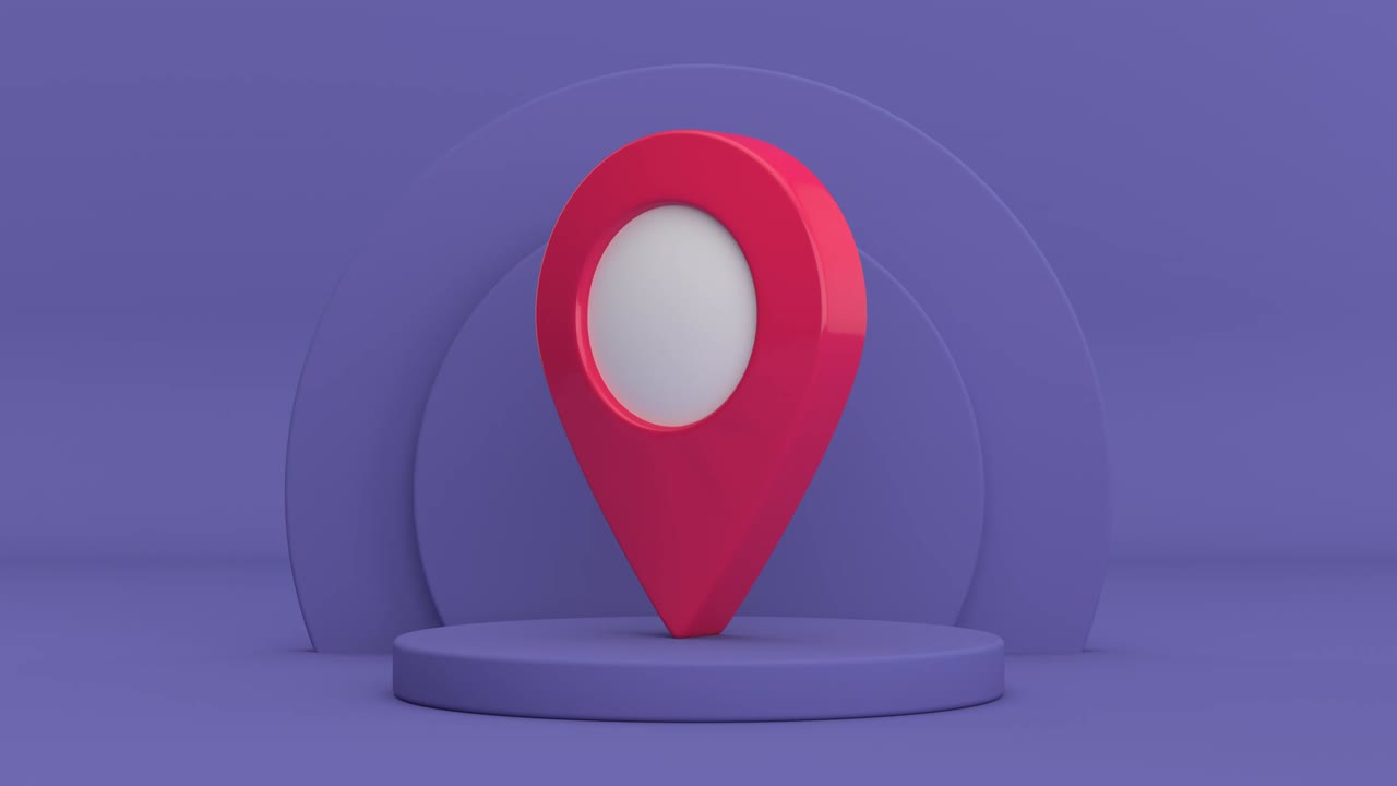 video de resolución 4k: pin del puntero del mapa girando sobre cilindros muy peri violeta productos pedestal de escenario en un bucle de fondo muy peri violet