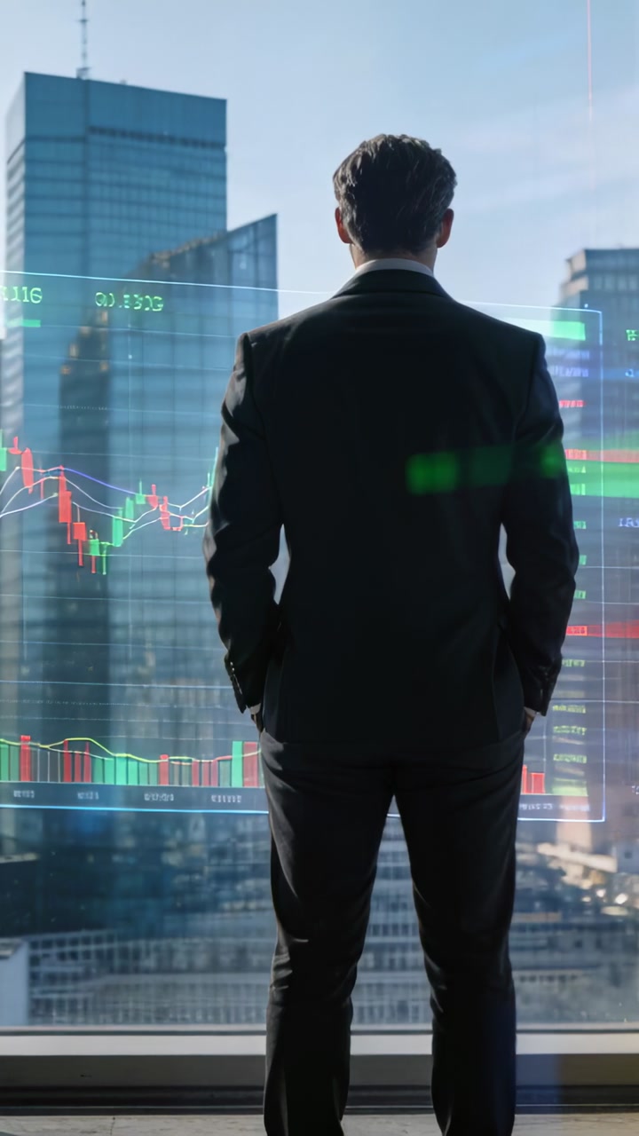 Vertical video: Reacting to market data man in dark suit watching charts at office window