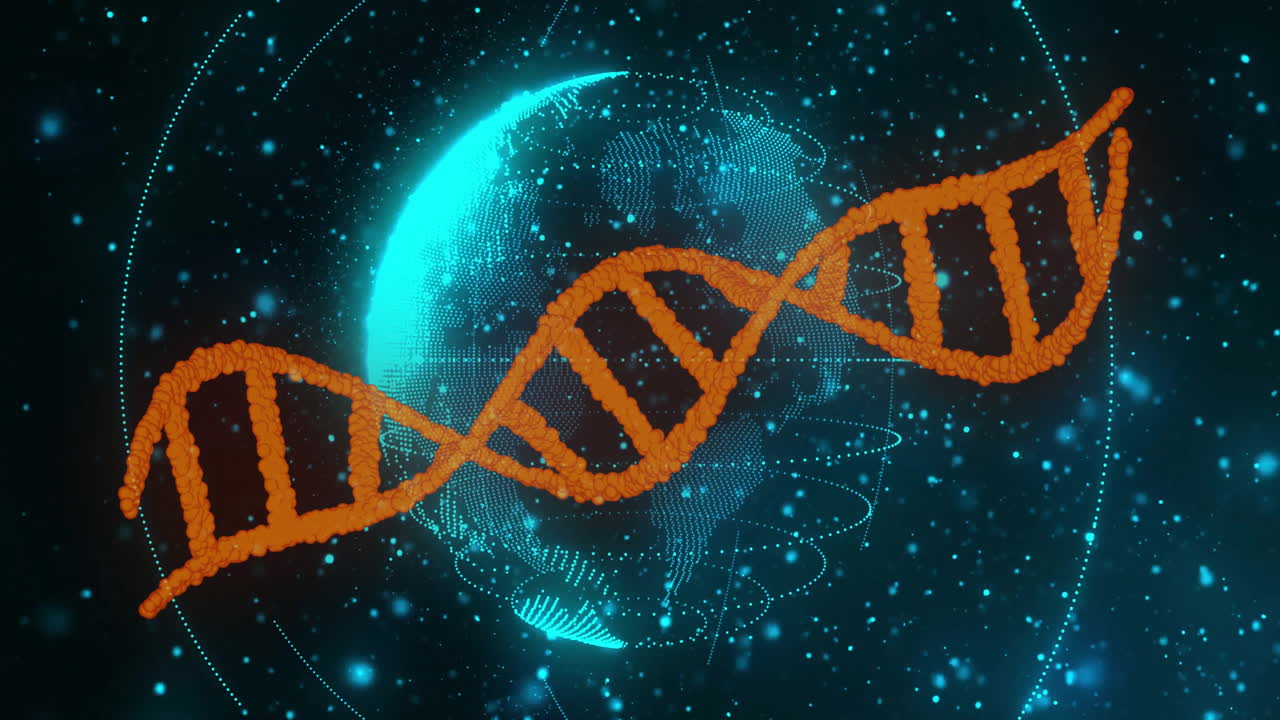 Animation of dna strand over globe with light spots on black background