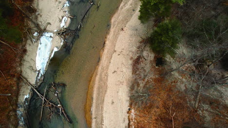 Draufsicht-Auf-Die-Sedimente-Und-Abgestorbenen-Bäume,-Die-Der-Fluss-Nach-Starken-Regenfällen-Mit-Sich-Trägt